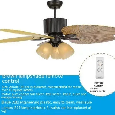 Retro-style brown and copper ceiling fan light with wooden blades and integrated lights.