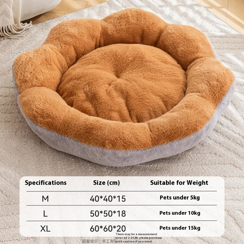 A thick rabbit plush round nest cat bed in a brown gray colour, shown with a detachable section.