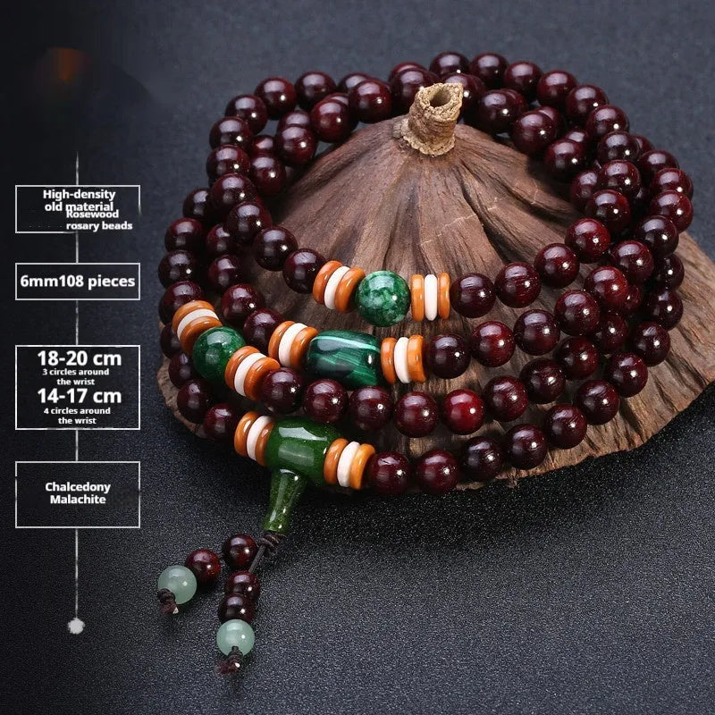 Men's rosewood bead bracelet with 108 beads, shown in a choice of lapis lazuli, turquoise, or red agate styles.