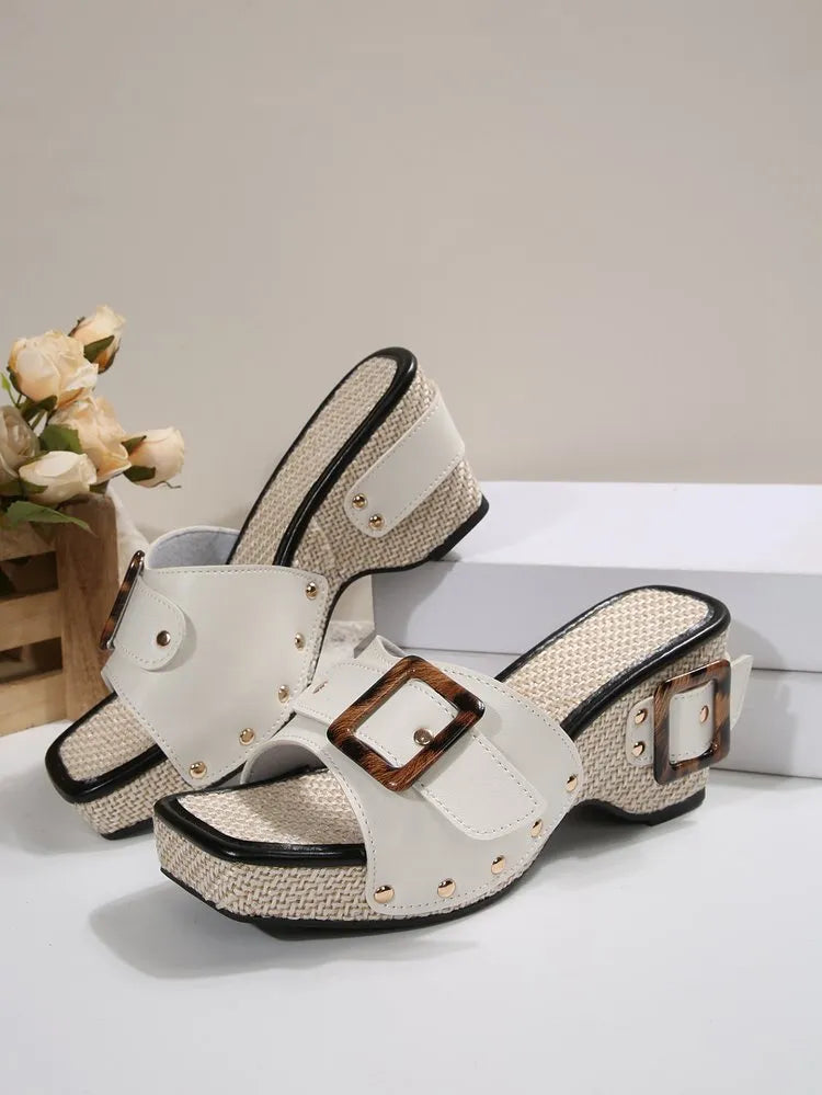 Plus size platform wedge sandals with square toe, rivet detail, and PU upper in black