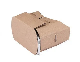 Corrugated paper virtual reality glasses for smartphones between 3.5 and 6 inches wide.