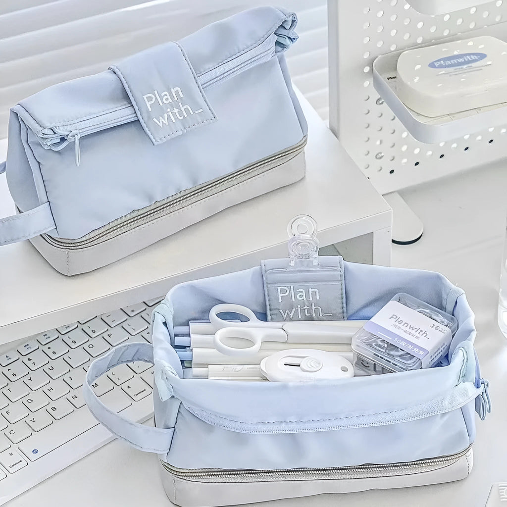 Polyester student pencil case with folding double layer design in blue colour option