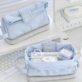 Polyester student pencil case with folding double layer design in blue colour option