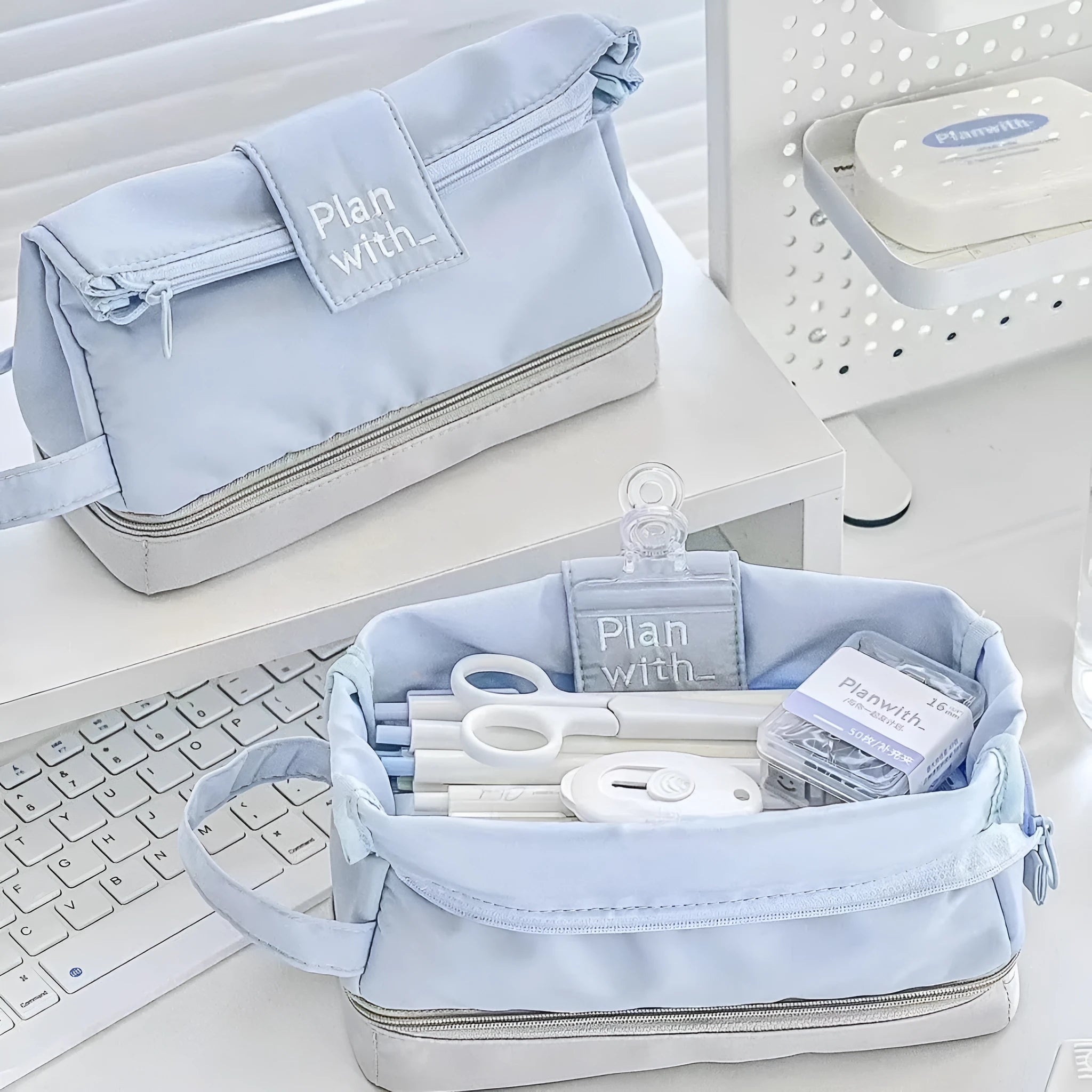 Polyester student pencil case with folding double layer design in blue colour option