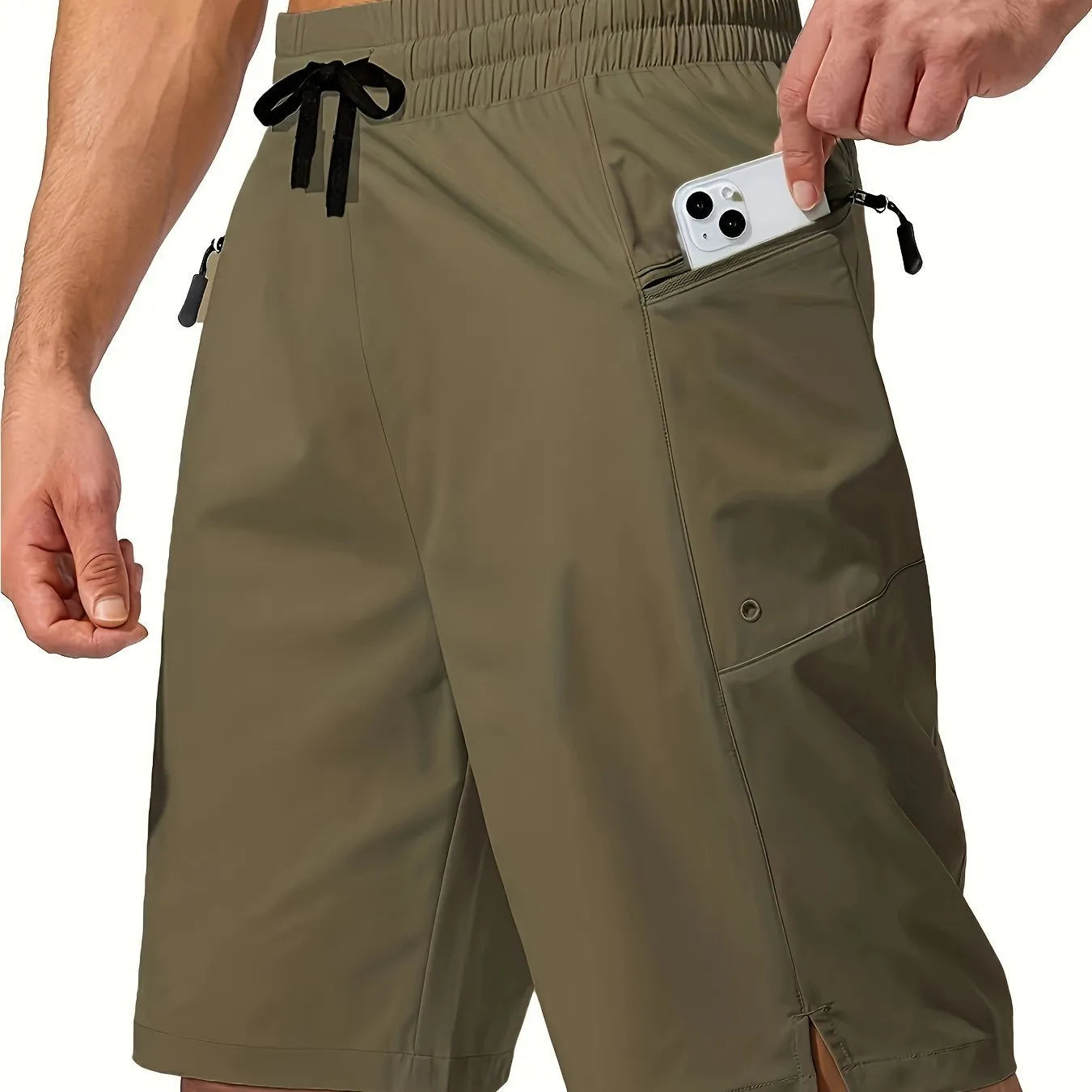 Men's solid colour quick-drying polyester beach shorts in straight leg cut
