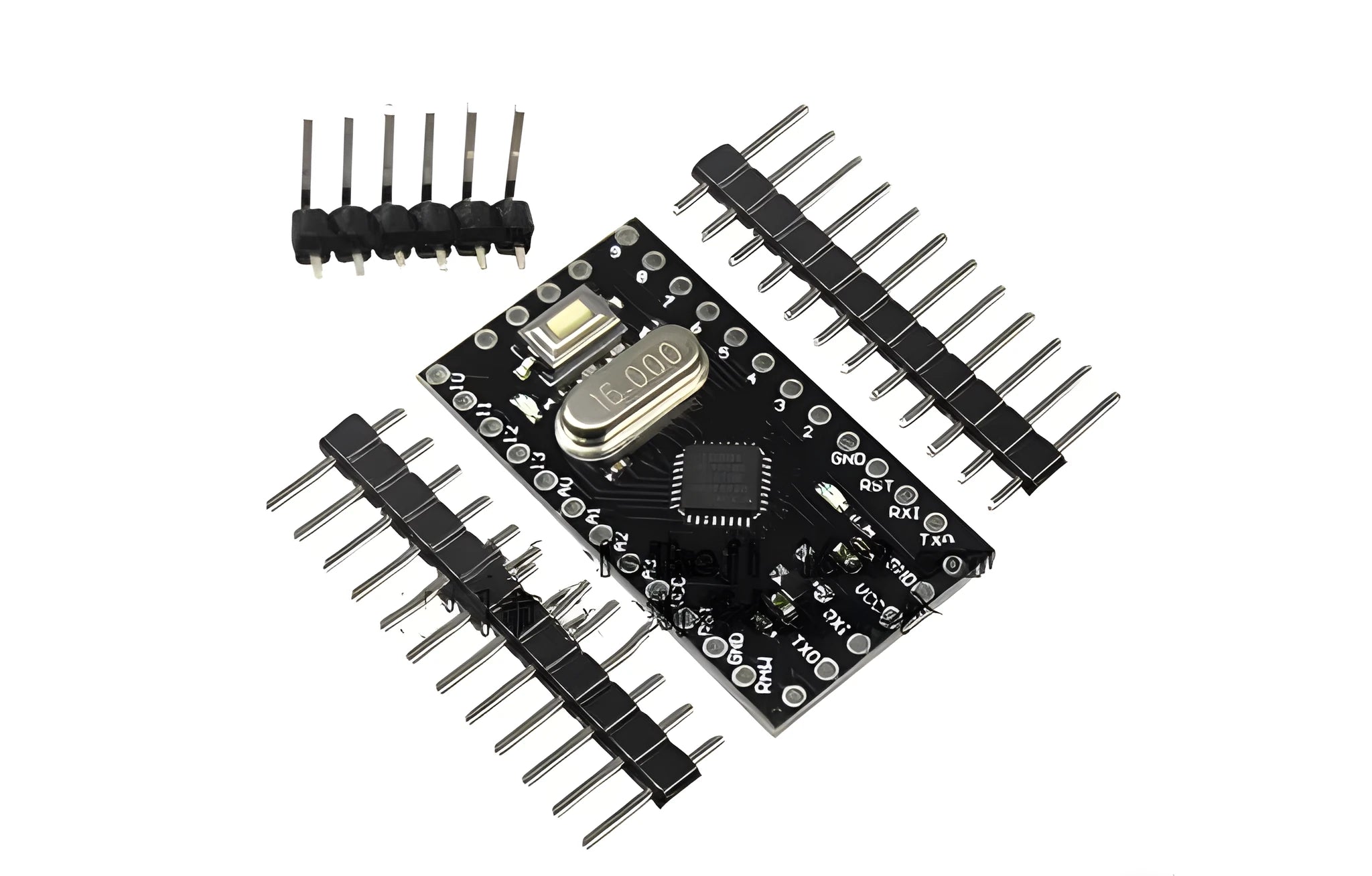 Mini Pro ATMEGA328P microcontroller board measuring 33.3 by 18.0 millimetres with pin headers