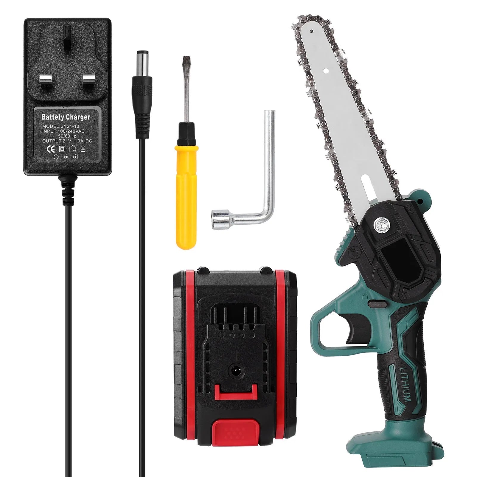 Black mini electric chainsaw with green accents, showing compact one-hand design and 4-inch cutting bar