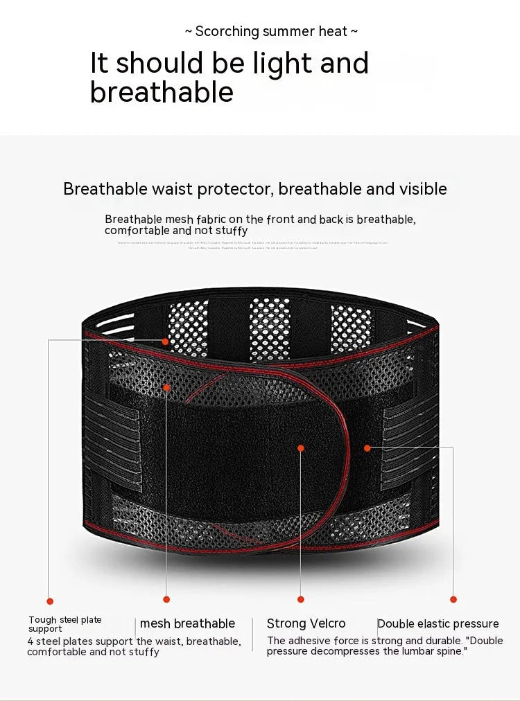 Black breathable sports waist support belt with an internal steel plate for lumbar stabilisation.