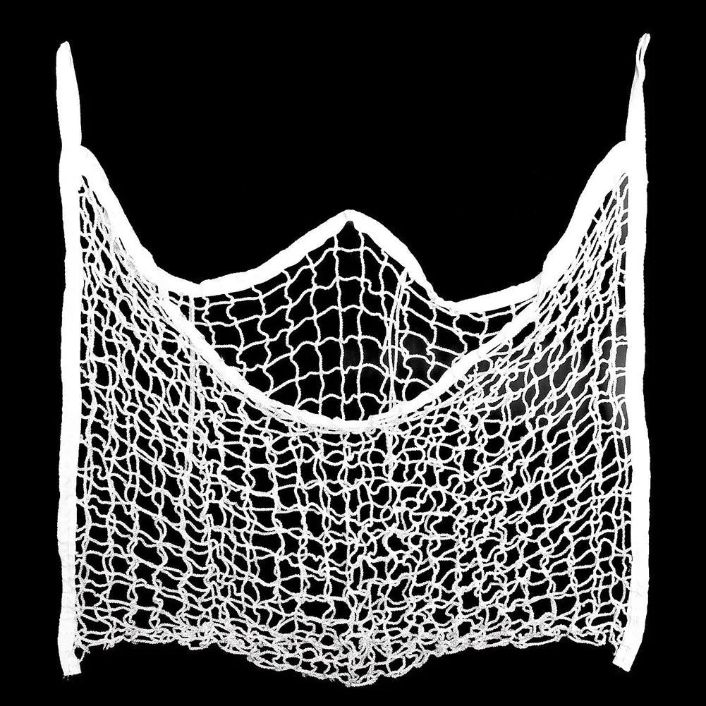 Black woven PE rope hanging feeding bag for horses, shown with hay, next to a white version.
