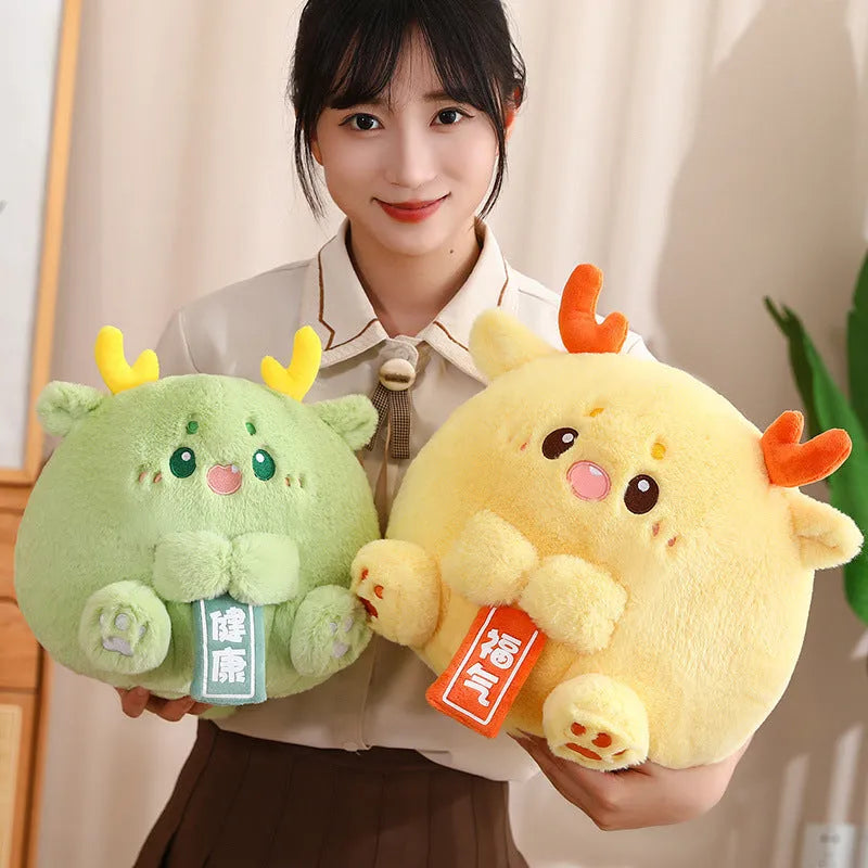 Cute dragon group plush doll toy in green with PP cotton filling, 28cm height, short plush fabric, white background
