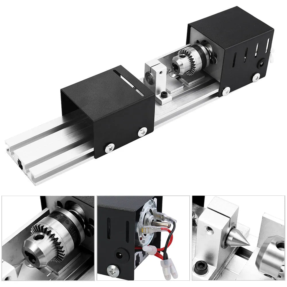Mini silver metal manual woodworking lathe with carving knives on a workbench.