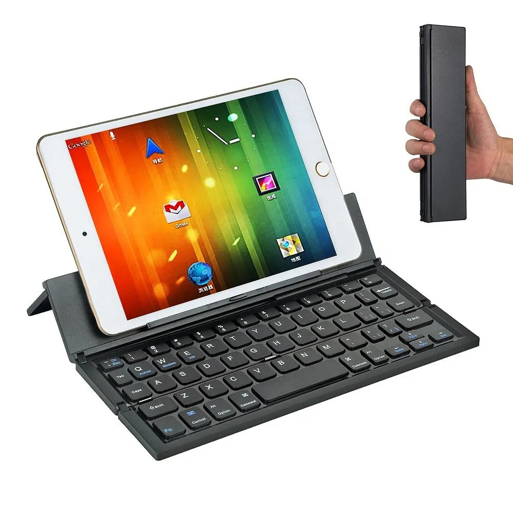 Black folding Bluetooth keyboard for tablets with numeric keypad and aluminium bottom