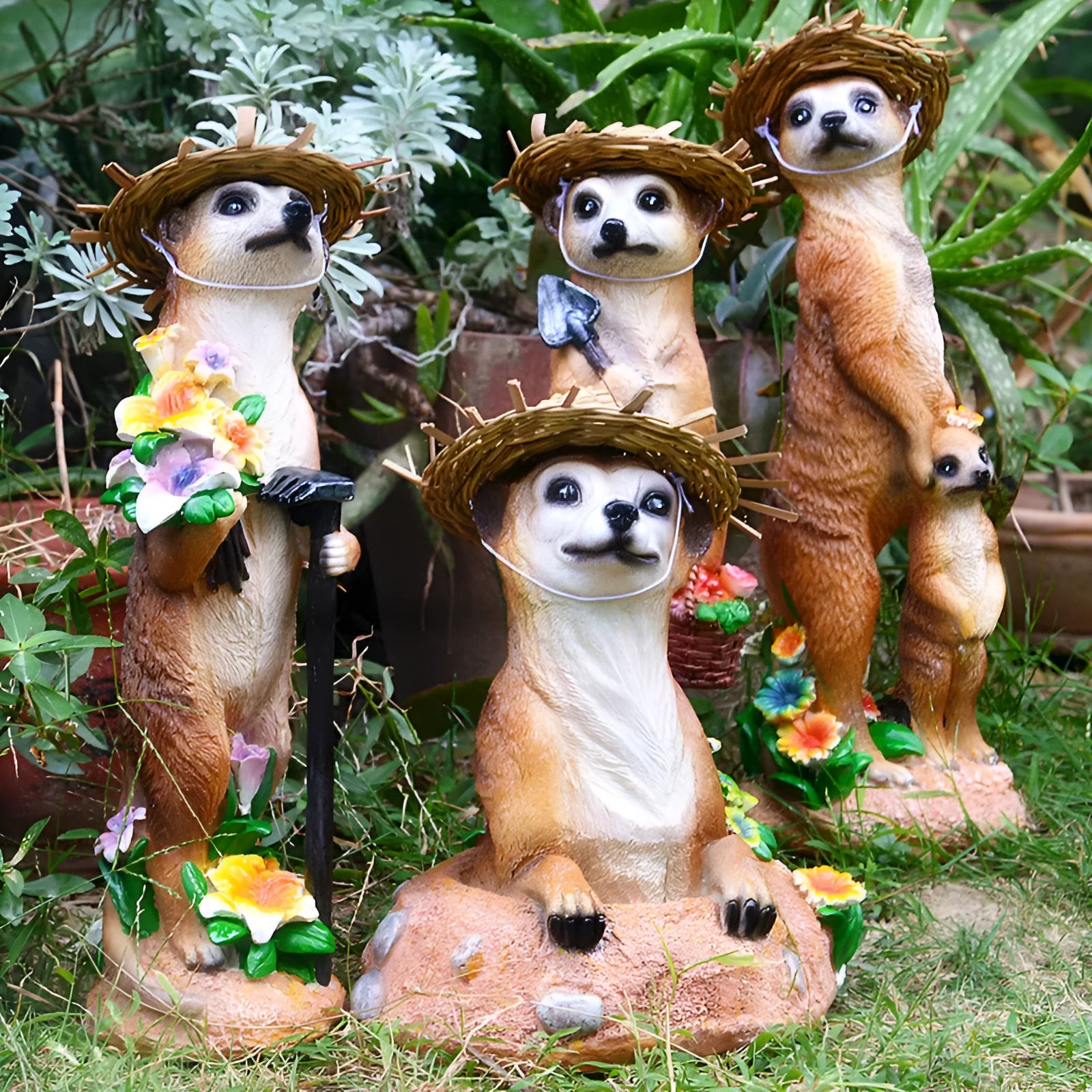 Resin mongoose garden ornament with straw hat and garden tool accessory