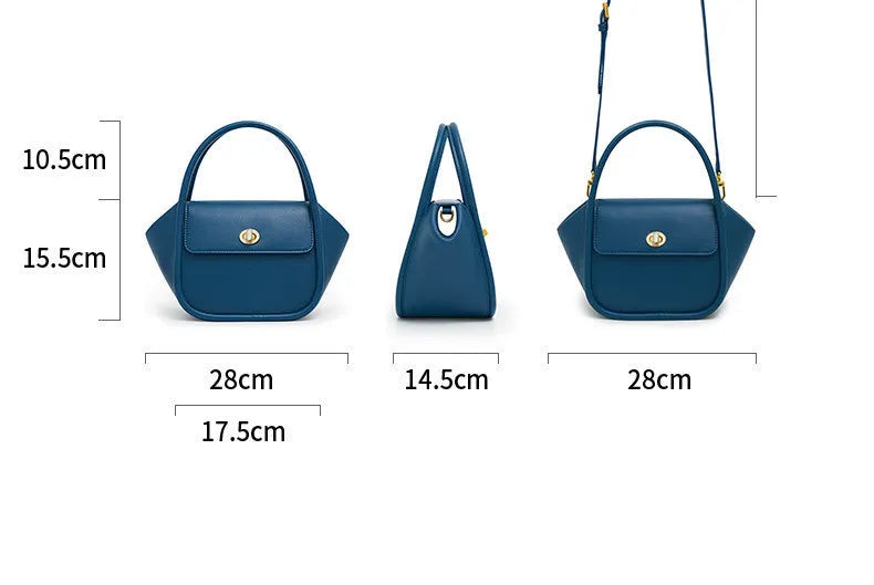 Women's wing-shaped leather tote bag with latch closure and cross-body strap in four colour options