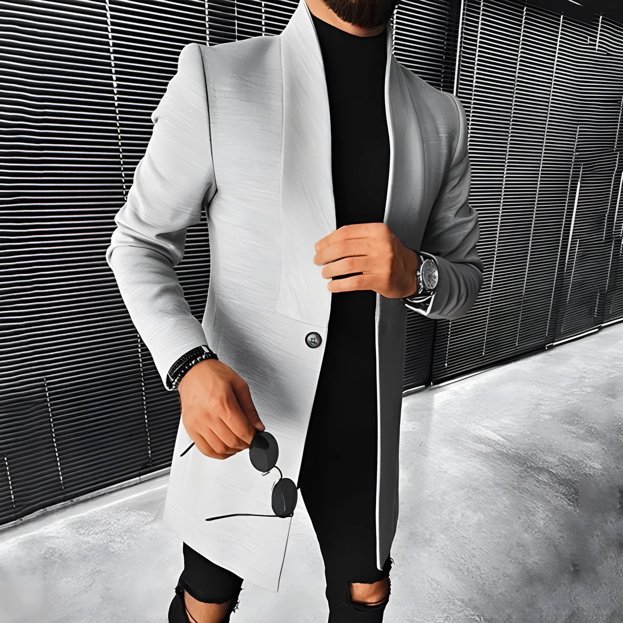 Men's stand-up collar mid-length woolen coat in grey, standard EU sizes XS to 4XL