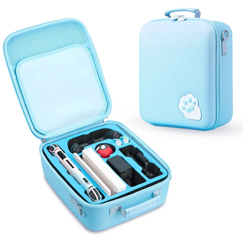 Nintendo Switch cat claw storage bag with shoulder strap, shown in black, holding game cartridges.