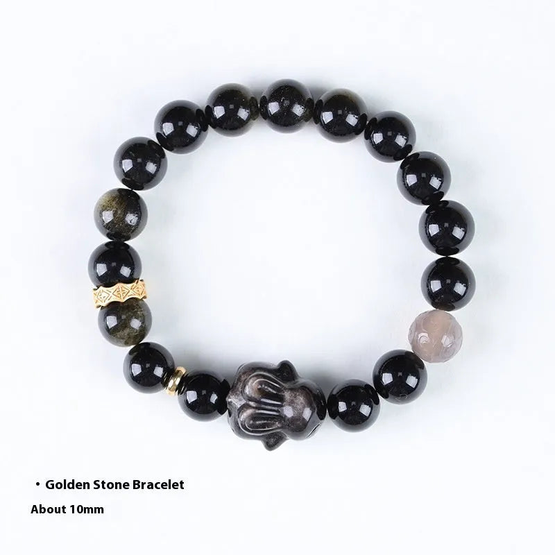 Handmade national style obsidian bracelet with a detailed lying rabbit centrepiece in jin yaoshi and grey agate.