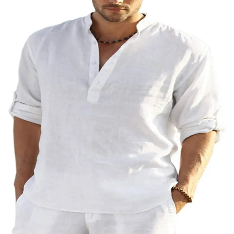Men's solid colour cotton linen long sleeve shirt with a stand collar, shown in a fitted style.