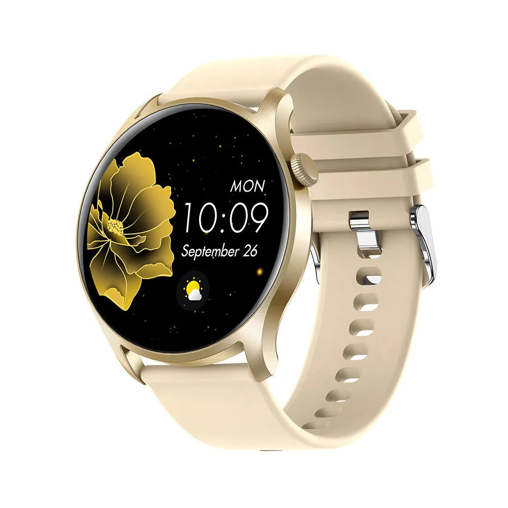 Smart watch with 1.3-inch screen showing heart rate display on a silicone wristband
