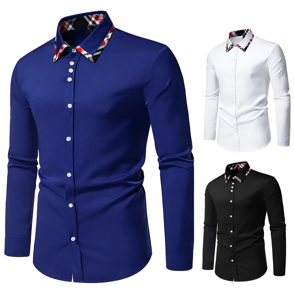Men's plaid long sleeve shirt with contrast colour triangle collar in chemical fibre blend fabric
