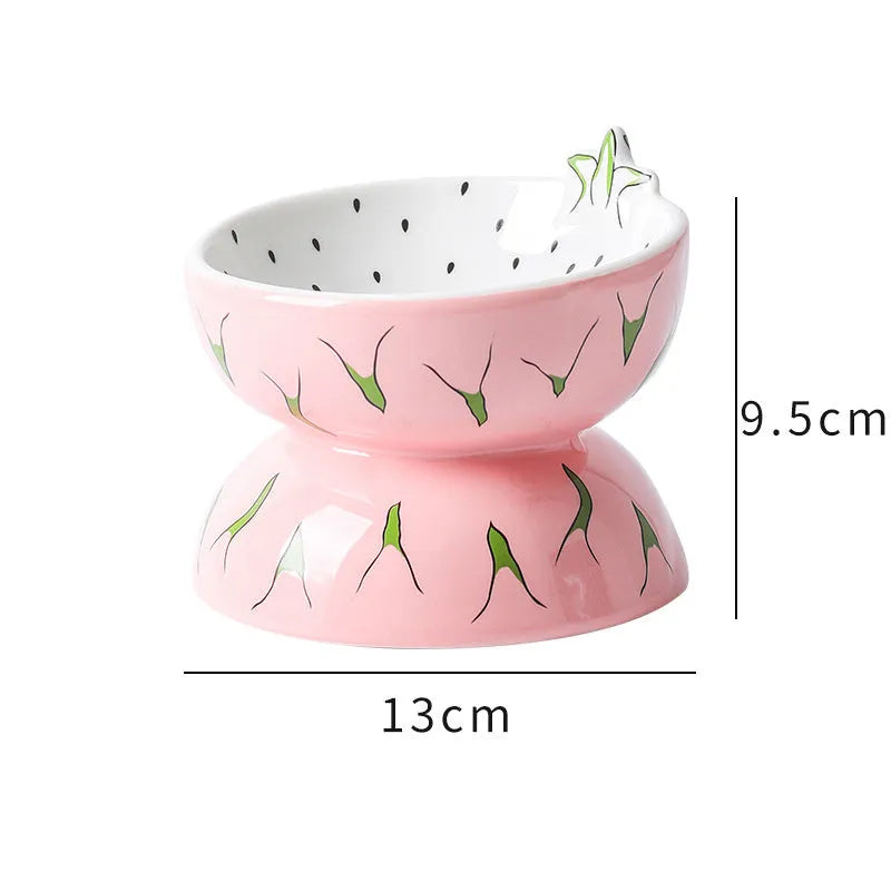 Ceramic raised cat bowl with tilted design in orange, pitaya, or watermelon patterns