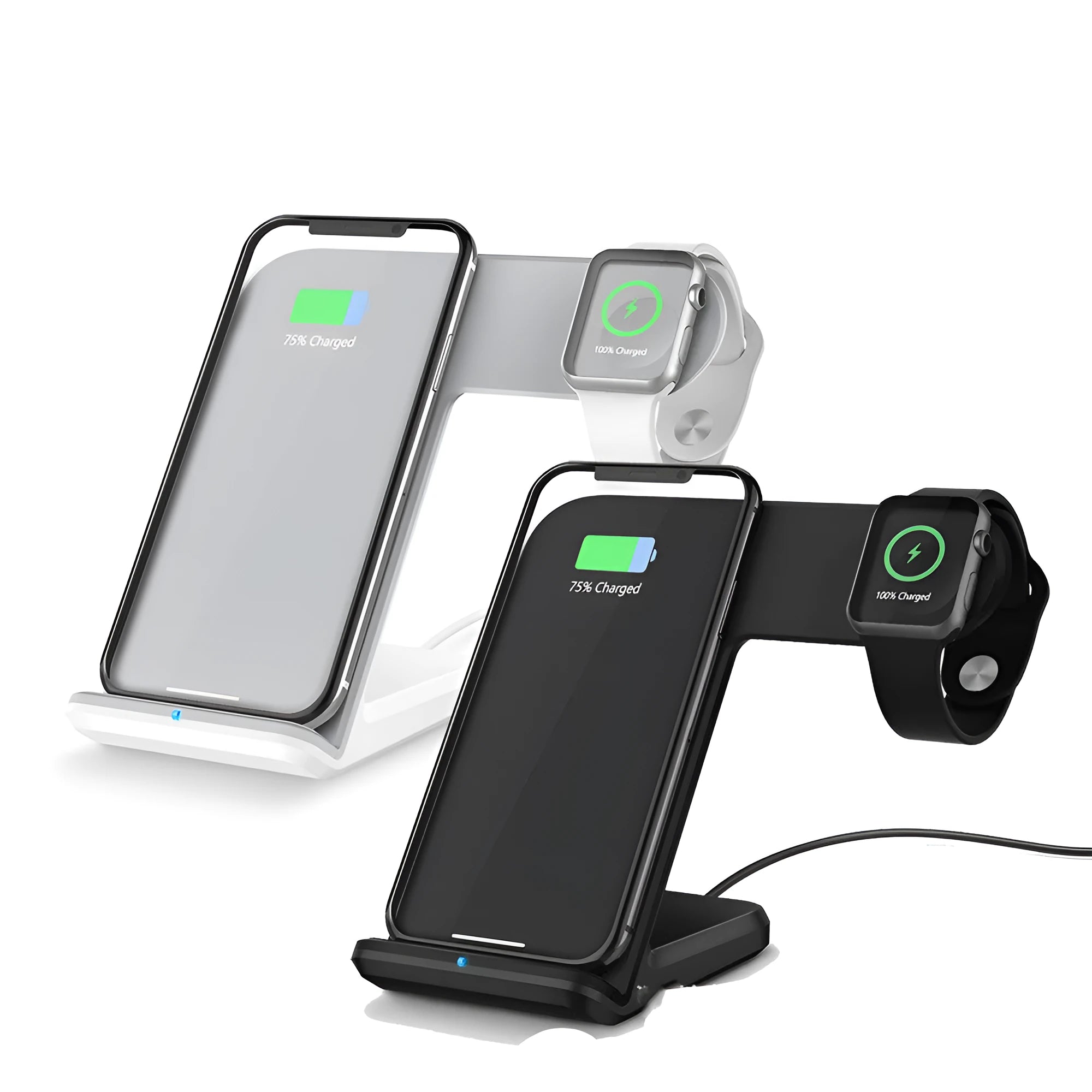 Black wireless phone charging stand with adjustable angle and integrated USB-C cable on a desk