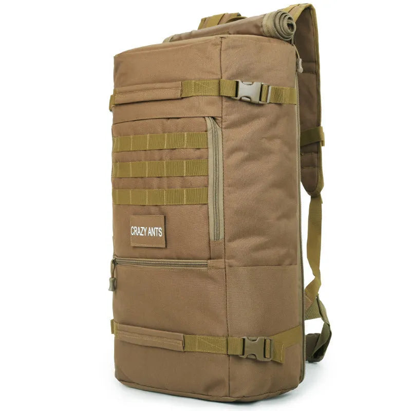 60 litre camouflage tactical backpack made from waterproof nylon with double shoulder straps, outdoor use.
