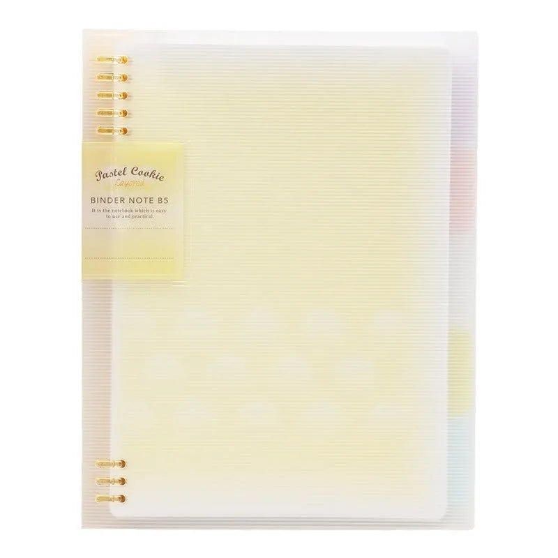 Loose-leaf spiral notebook with PP cover open, showing raw wood pulp pages in A5 or B5 size.