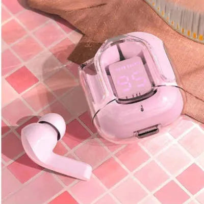 Jerry chip true wireless Bluetooth headphones in a transparent space capsule case, colour options shown