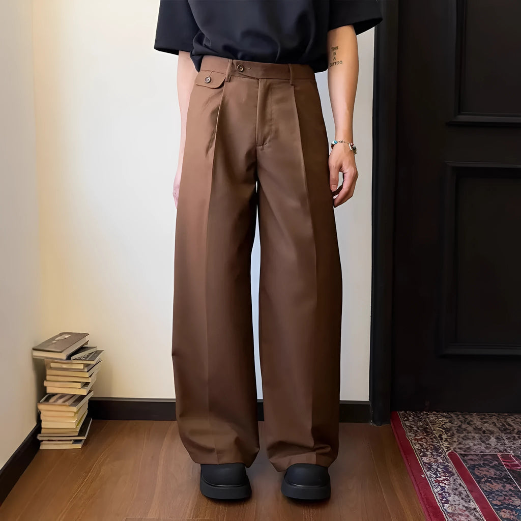 Men's brown wide-leg straight-cut casual trousers made from a polyester blend fabric on a hanger.