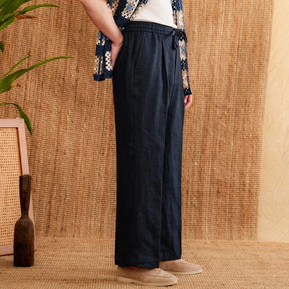 Linen straight-leg trousers with elasticated high waist in navy blue, white or greige colours