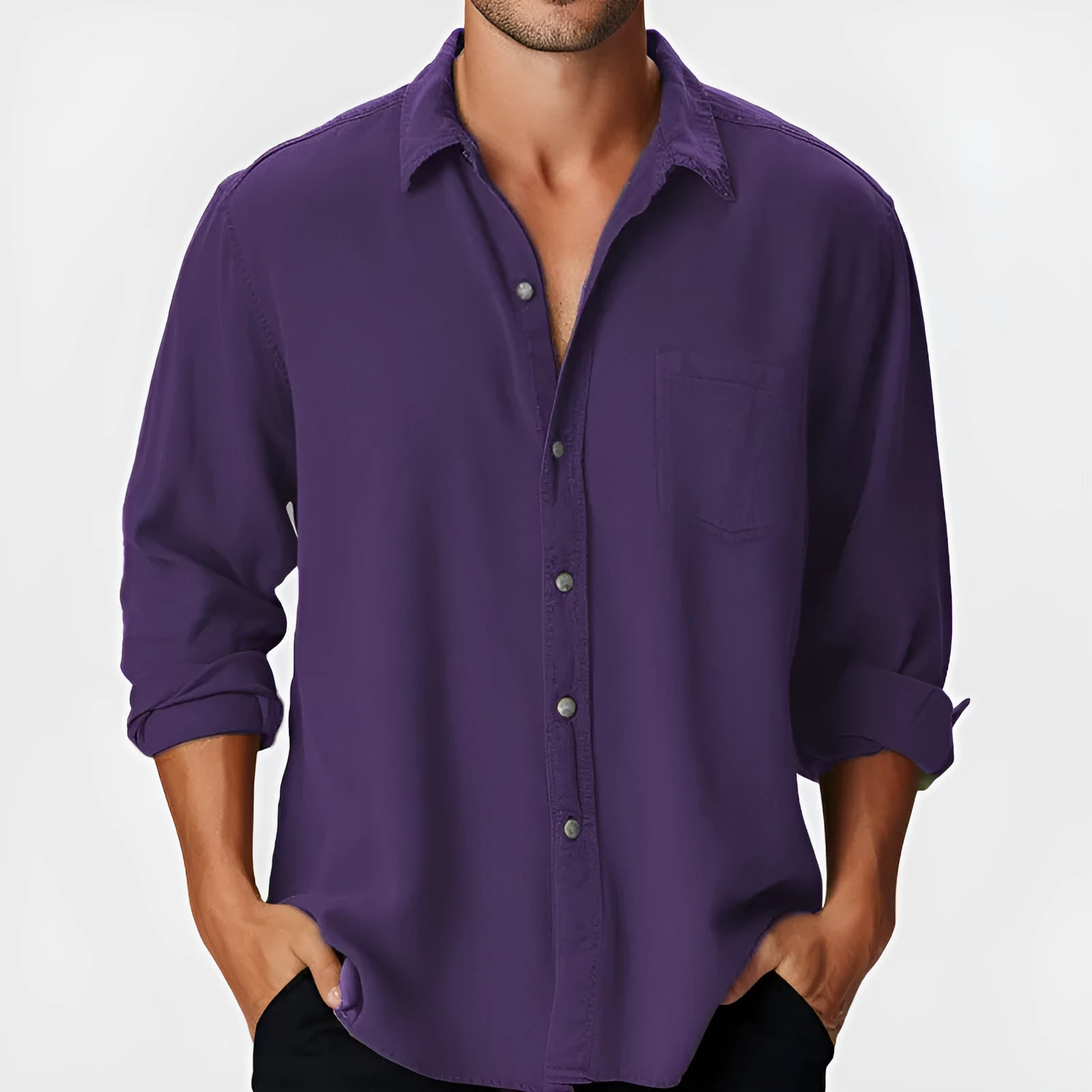 Men's pure colour beach holiday shirt with stand collar and long sleeves in loose polyester fit