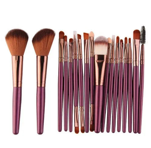18-piece makeup brush set with fan-shaped tools in multiple styles for professional and home makeup application