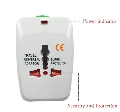 Universal travel plug converter adapter showing front and side view