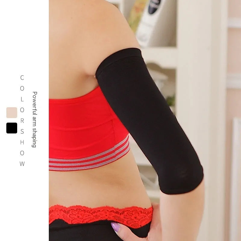 Women's black and skin-tone shaping arm sleeves made from nylon fabric, free size.