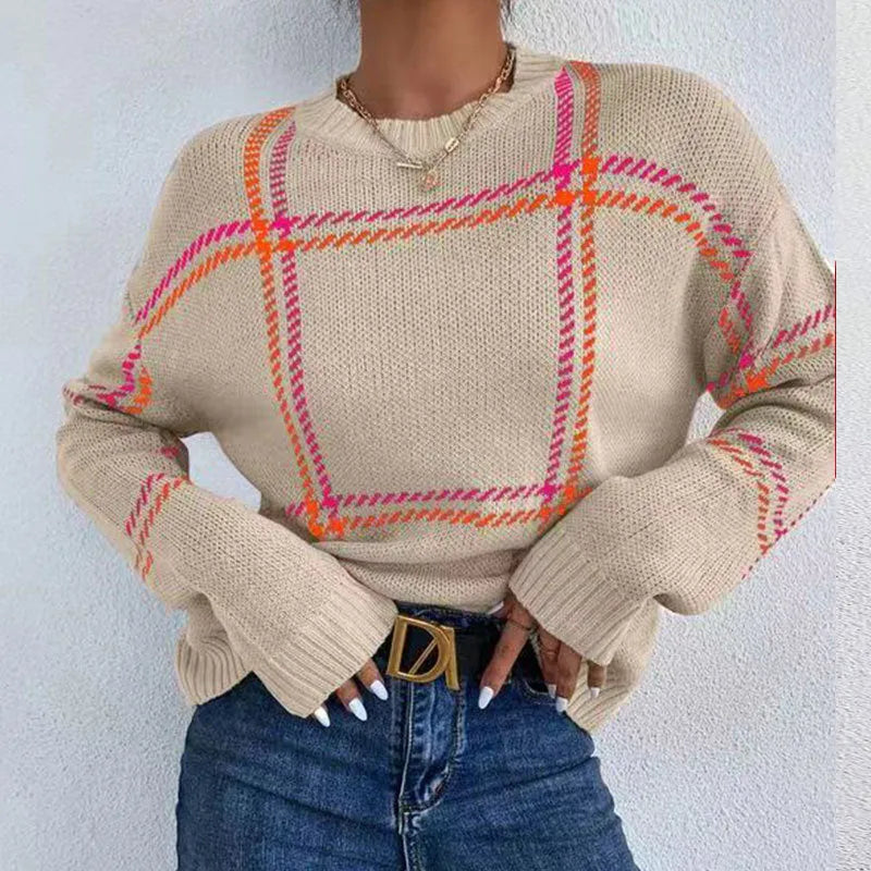 Women's casual plaid colour-block crew neck acrylic sweater with apricot, black, beige, red and green stripes