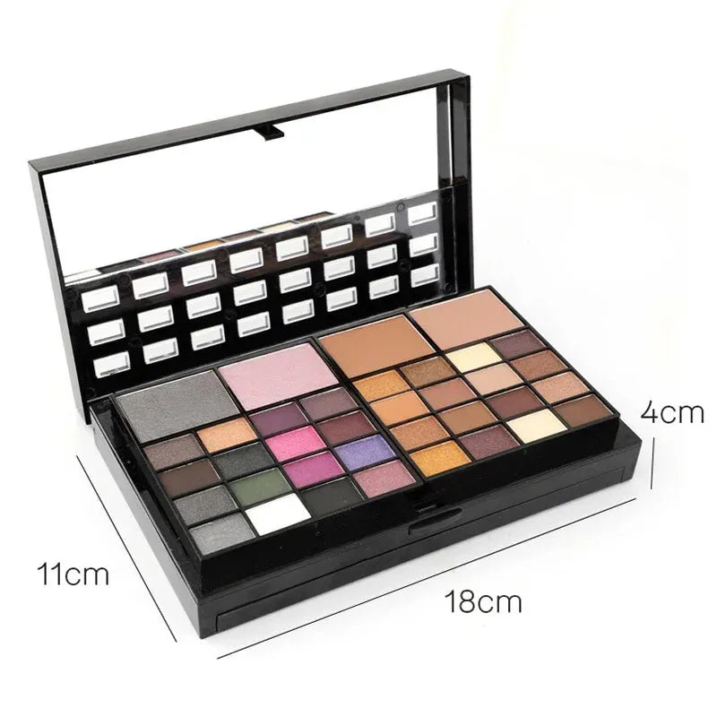 74 colour makeup palette set with four layers showing eyeshadows, lip glosses, and face powders with brushes