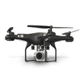 Black HD aerial photography drone with four propellors and camera, controlled via manual handle