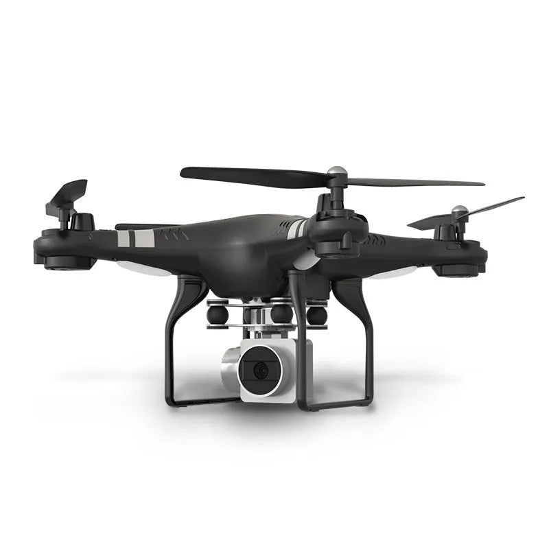 Black HD aerial photography drone with four propellors and camera, controlled via manual handle