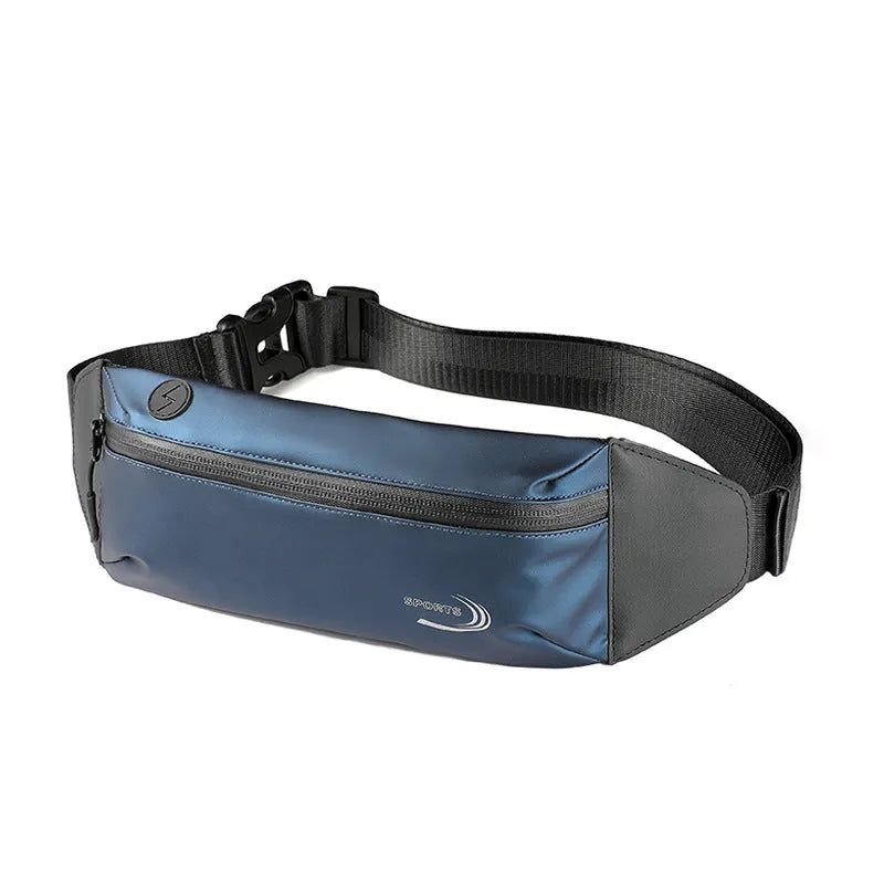 Men's waterproof waist bag in Oxford polyester with adjustable belt showing black, blue, and grey colour options