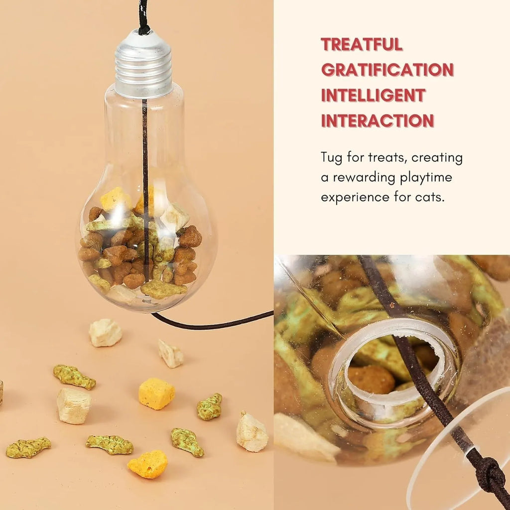 Grey and yellow retractable cat teaser toy hanging on door frame with treat bulb and dangling mouse.