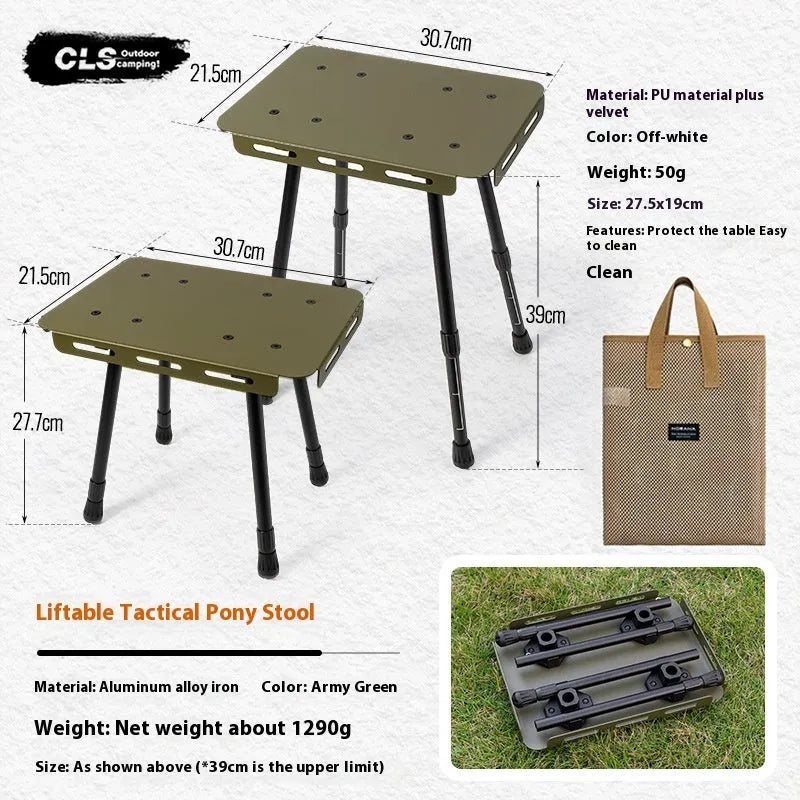 CLS aluminium folding camping stool in army green, shown extended as a seat and converted into a small table.