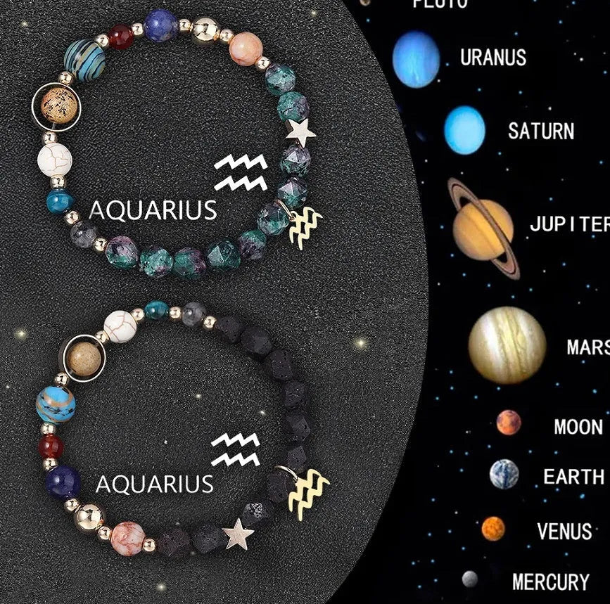 Two natural stone beaded bracelets with metal zodiac sign charms on a white background.
