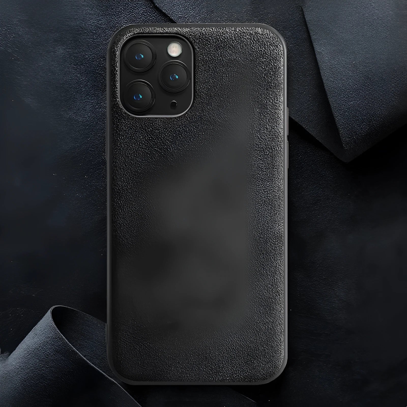 Suede iPhone case showing full-cover design in dark blue colour