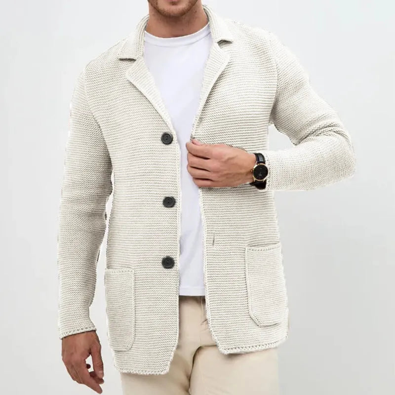 Men's knitted cardigan sweater jacket with lapel collar in black, slim fit long sleeve acrylic yarn winter wear