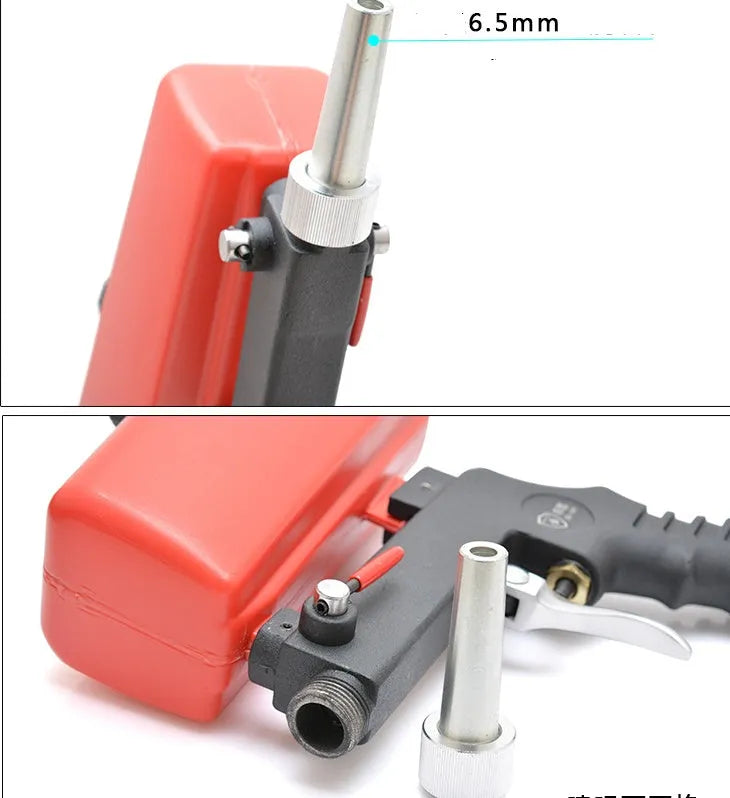 Portable black or blue gravity feed pneumatic sandblasting gun with tank and nozzle.