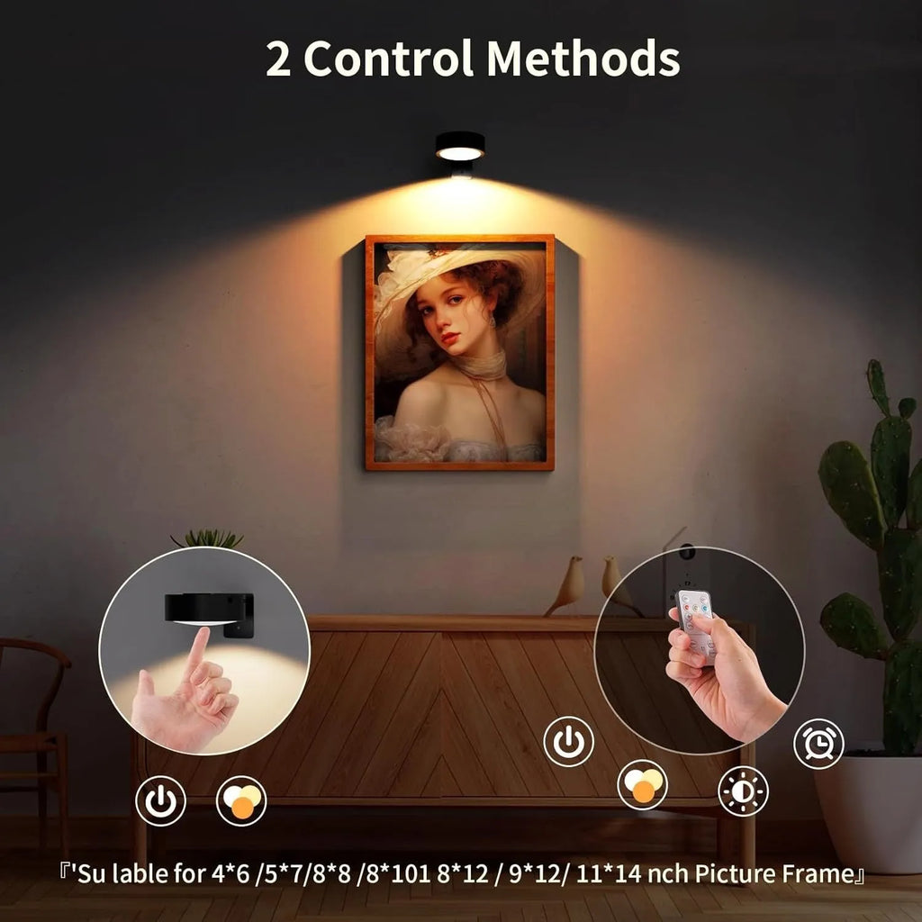 Wireless rechargeable LED painting lamp with magnetic belt attached to a metal frame, remote control nearby.