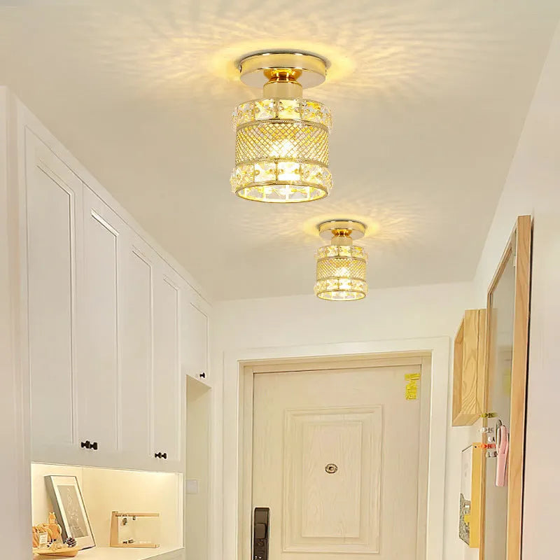 Modern minimalist balcony ceiling lamp with LED three-colour light and gold crystal finish on white ceiling