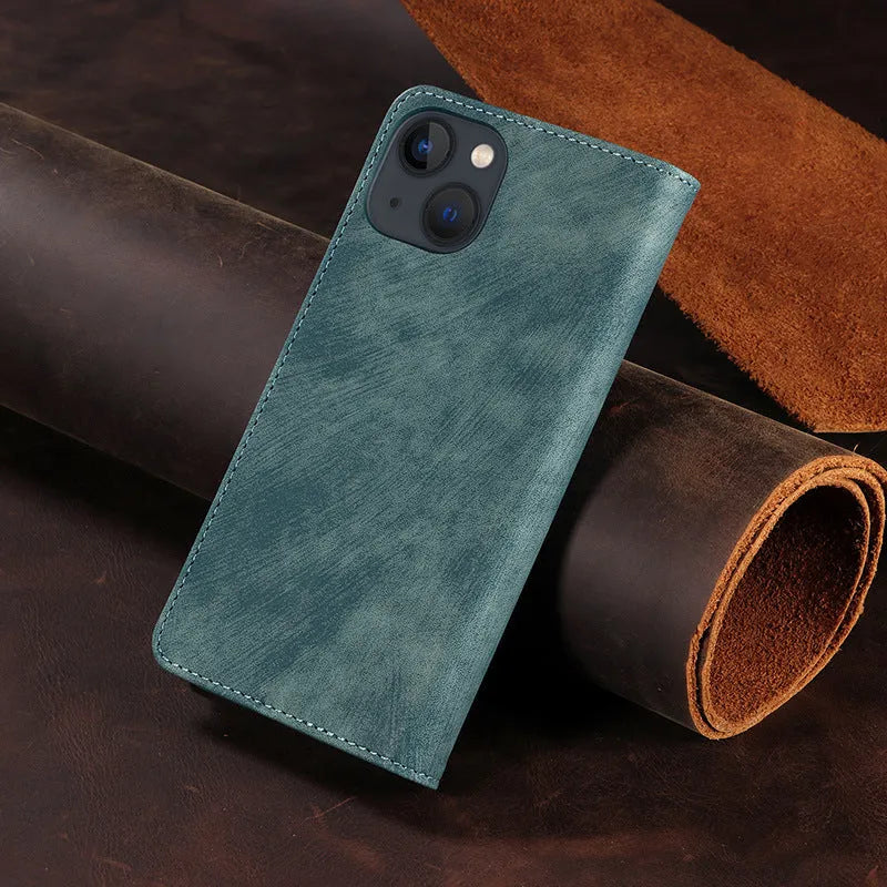 Magnetic flip phone case for iPhone in multiple colours, showing TPU body and leather cover.