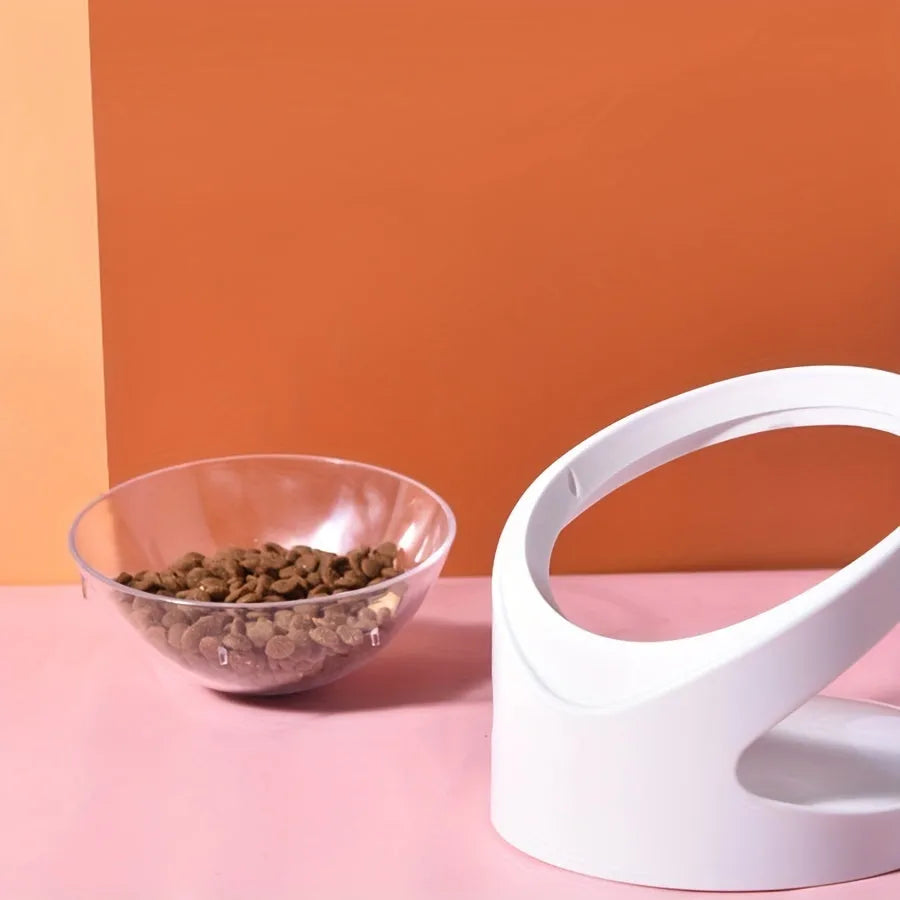 White elevated cat food bowl with clear tilted plastic design for dry and wet food